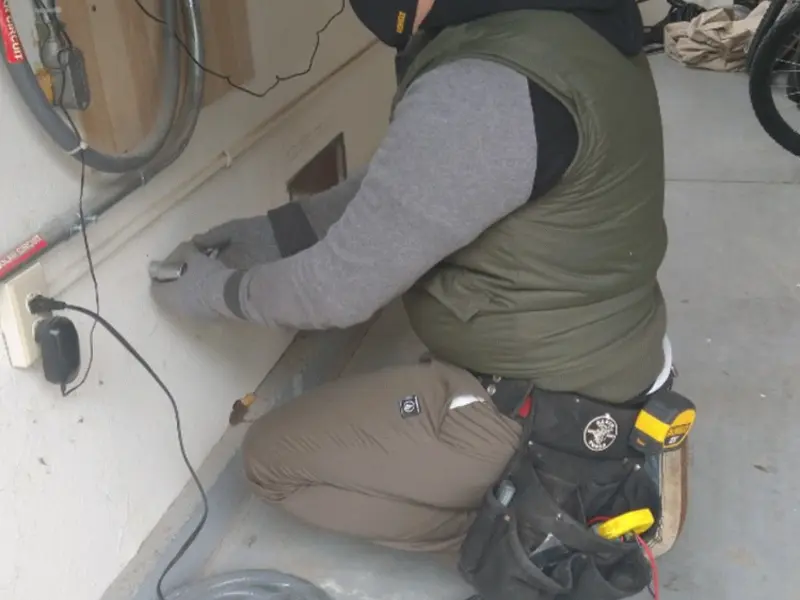 Electrician performing outlet wiring in a Hokes Bluff garage